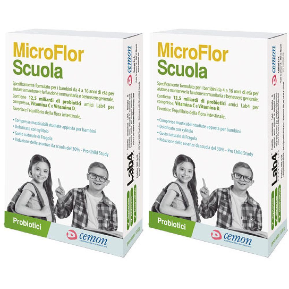 Zwei Schachteln MicroFlor Scuola. Aufdruck mit Produktnamen, Text und Abbildung von Kindern. Marke cemon, Lab4.
