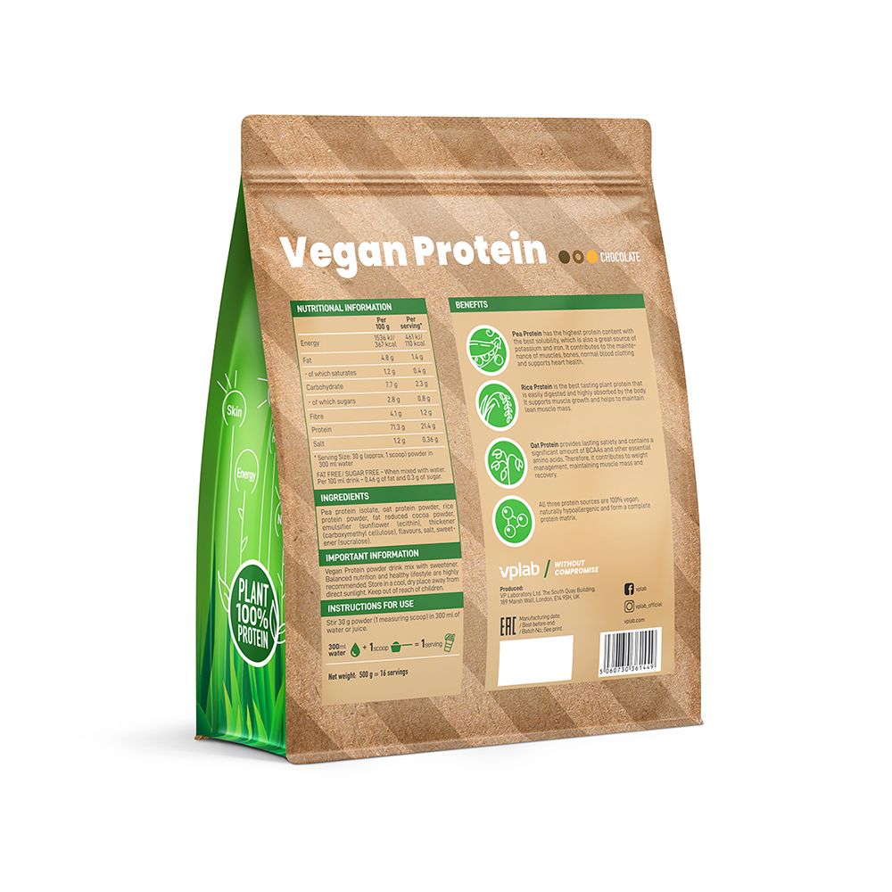 Rückseite der Vplab Vegan Protein Verpackung. Enthält Nährwertangaben, Zutaten, Anwendungshinweise und Herstellerinformationen.