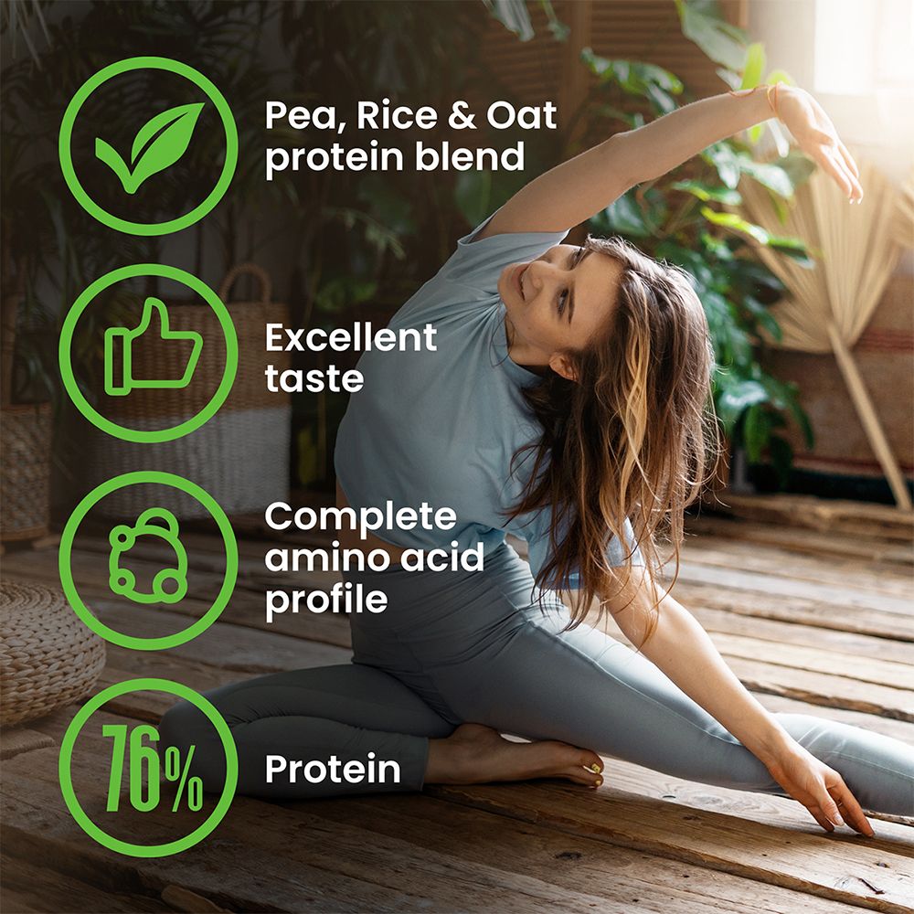Grafik mit Symbolen und Text: Pea, Rice & Oat protein blend, Excellent taste, Complete amino acid profile, 76% Protein.