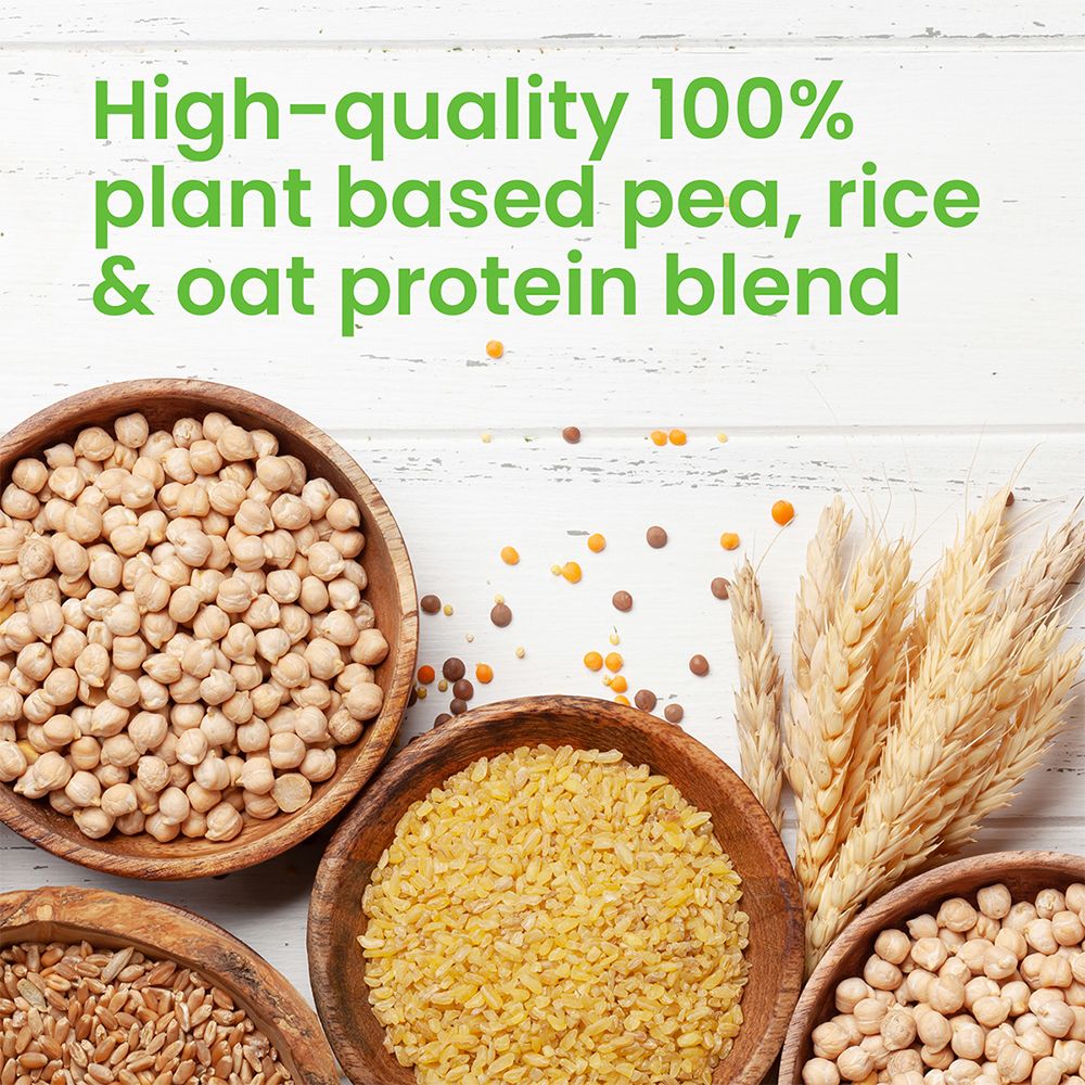 Verschiedene Schalen mit Zutaten: Kichererbsen, Linsen, Getreide. Text: High-quality 100% plant based pea, rice & oat protein blend.