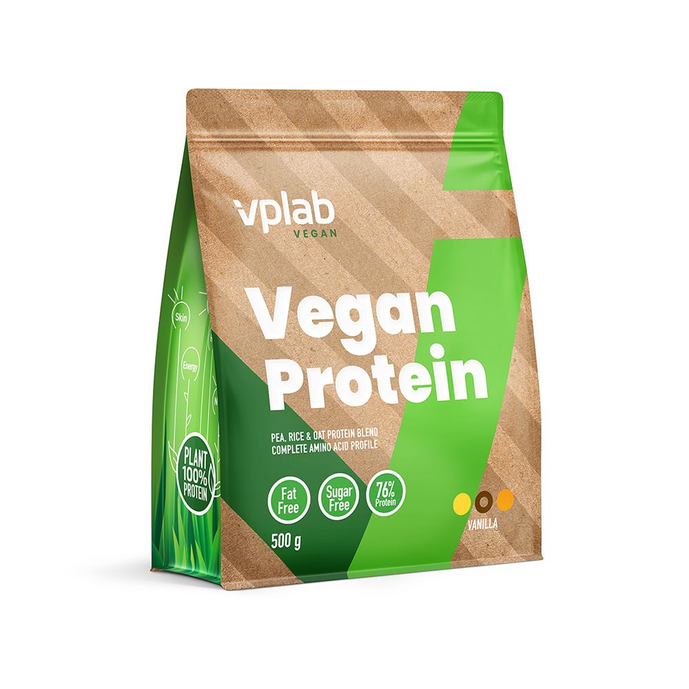 Beutel mit Vplab Vegan Protein. Grün-braune Verpackung mit Text: Vegan Protein, 500g, 76% Protein, Vanille.