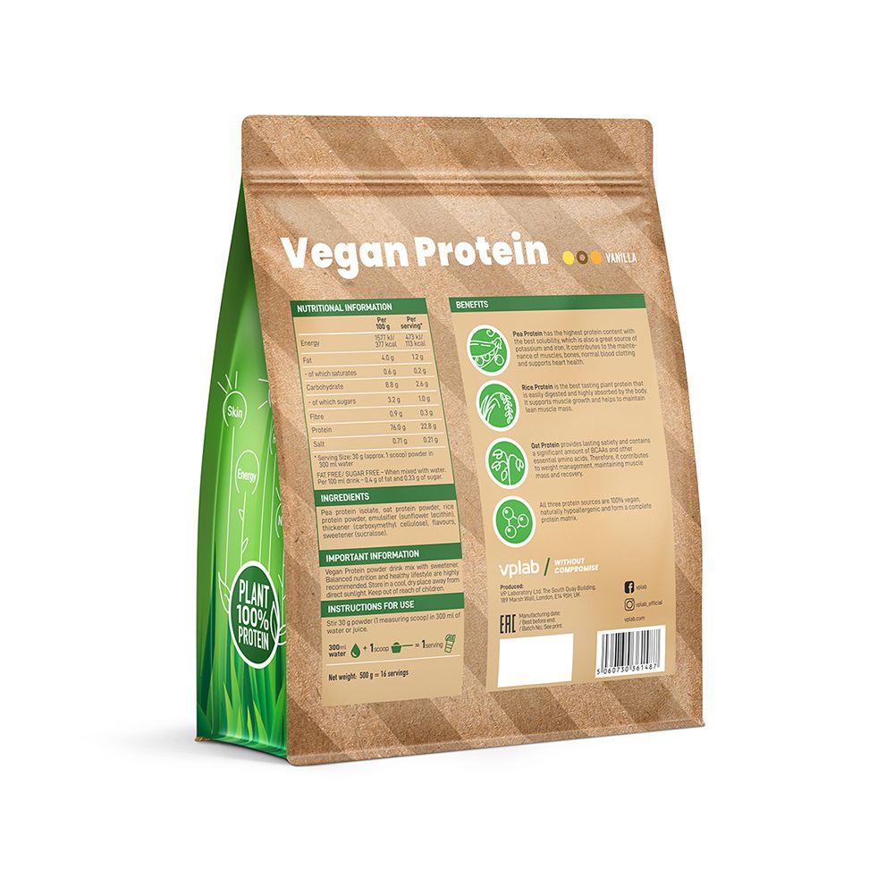 Rückseite der Vplab Vegan Protein Verpackung. Enthält Nährwertangaben, Zutaten, Anweisungen und Logos.