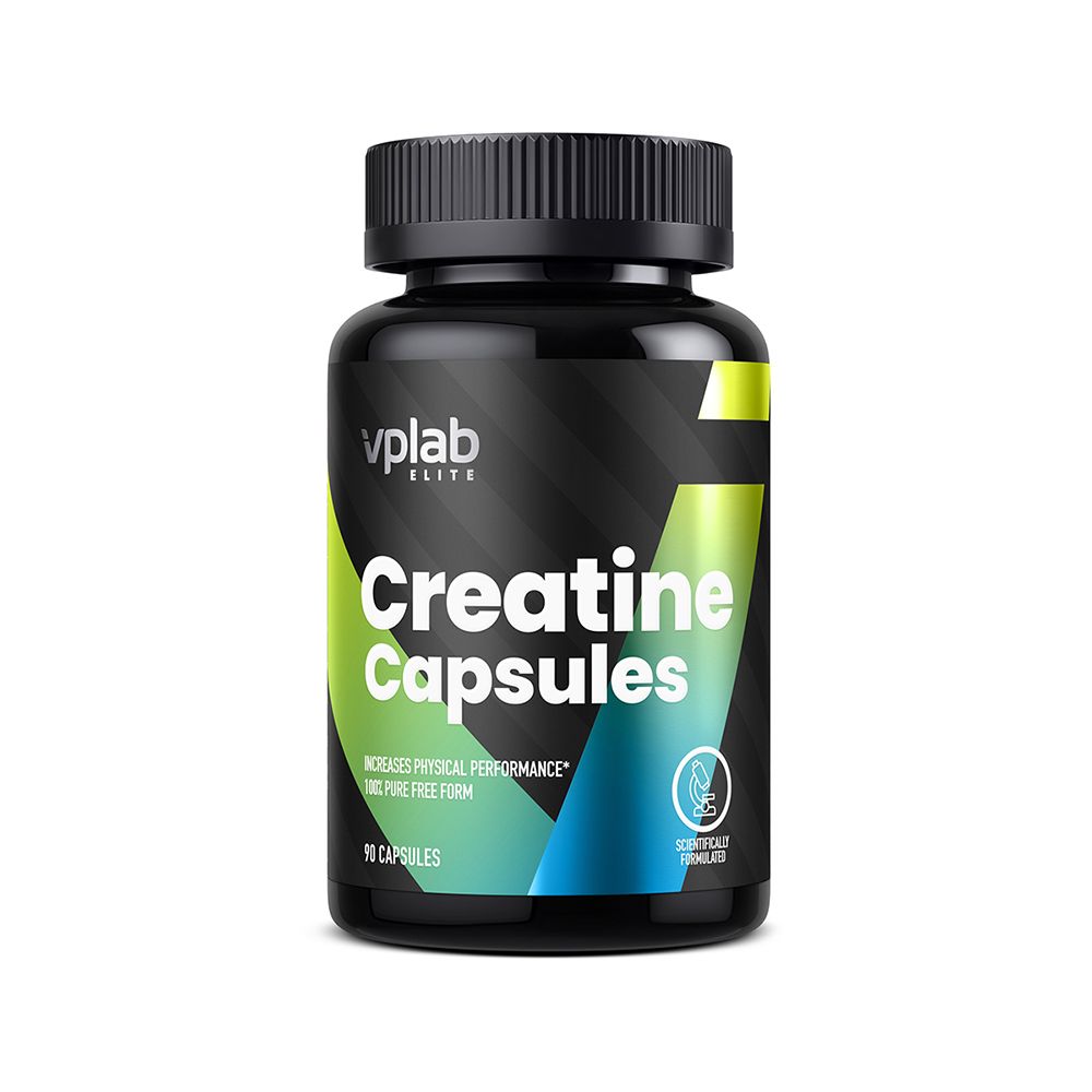 Schwarze Flasche mit Kapseln. Aufschrift: VPLAB Elite Creatine Capsules. 90 Kapseln. Mit Creapure-Logo.