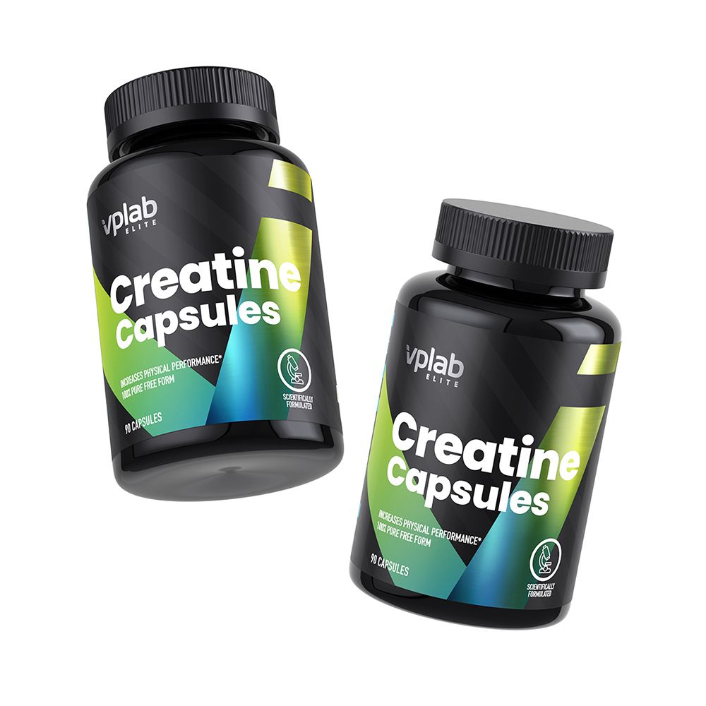 Zwei Flaschen Creatine Capsules. Schwarze Flaschen mit grünen und blauen Akzenten. 90 Kapseln.