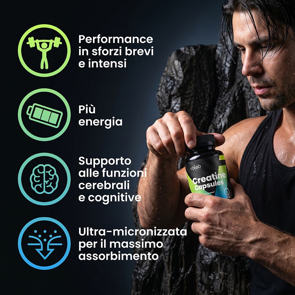 Mann hält eine Dose 'Creatine Capsules'. Links sind Icons und Texte zu Leistung, Energie, Gehirnfunktion und Absorption.