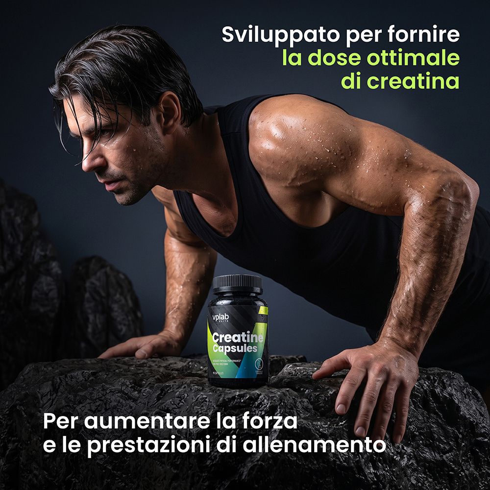 Schwarze Dose mit "Creatine Capsules" Aufschrift, daneben ein Mann in Sportkleidung.