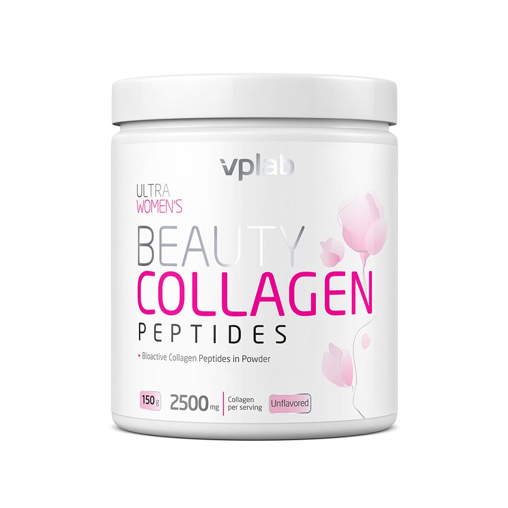 Weißes Produkt mit rosa Schriftzug „BEAUTY COLLAGEN PEPTIDES“. Marke: VPLAB. Enthält 150g und 2500mg Collagen pro Portion.