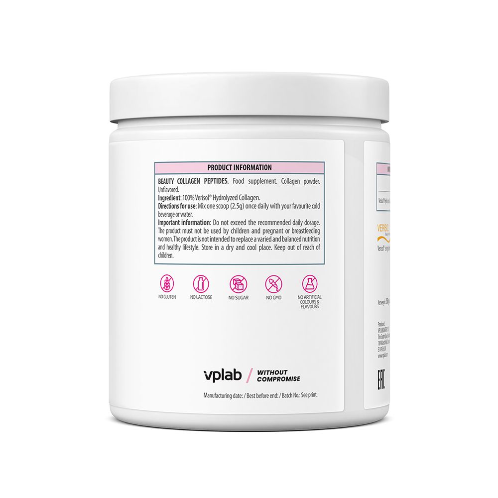 Rückseite der weißen Dose. Enthält Informationen zu Inhaltsstoffen und Anwendung. Marke: VPLAB. Ohne künstliche Aromen.