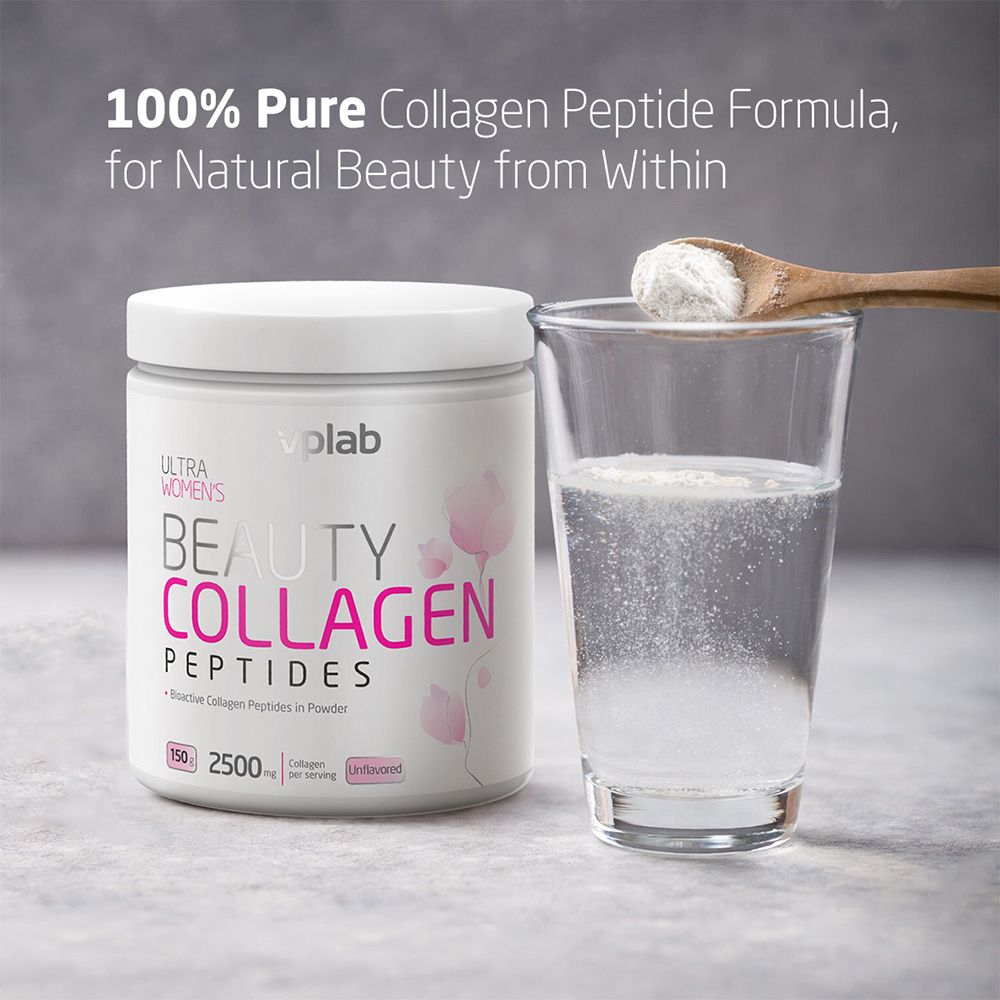 Weißes Produkt mit rosa Schriftzug „BEAUTY COLLAGEN PEPTIDES“. Marke: VPLAB. Ein Glas Wasser und ein Löffel Pulver daneben.