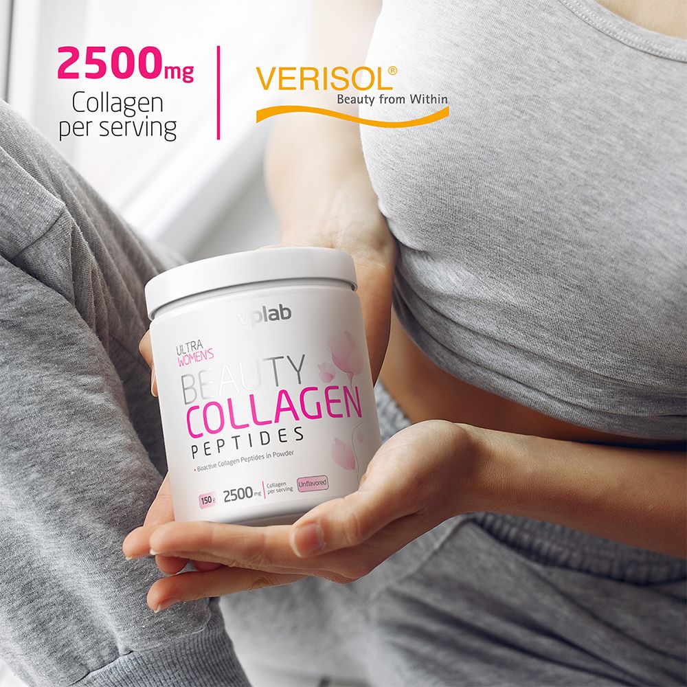 Weißes Produkt mit rosa Schriftzug „BEAUTY COLLAGEN PEPTIDES“. Marke: VPLAB. Frau hält die Dose. 2500mg Collagen pro Portion.