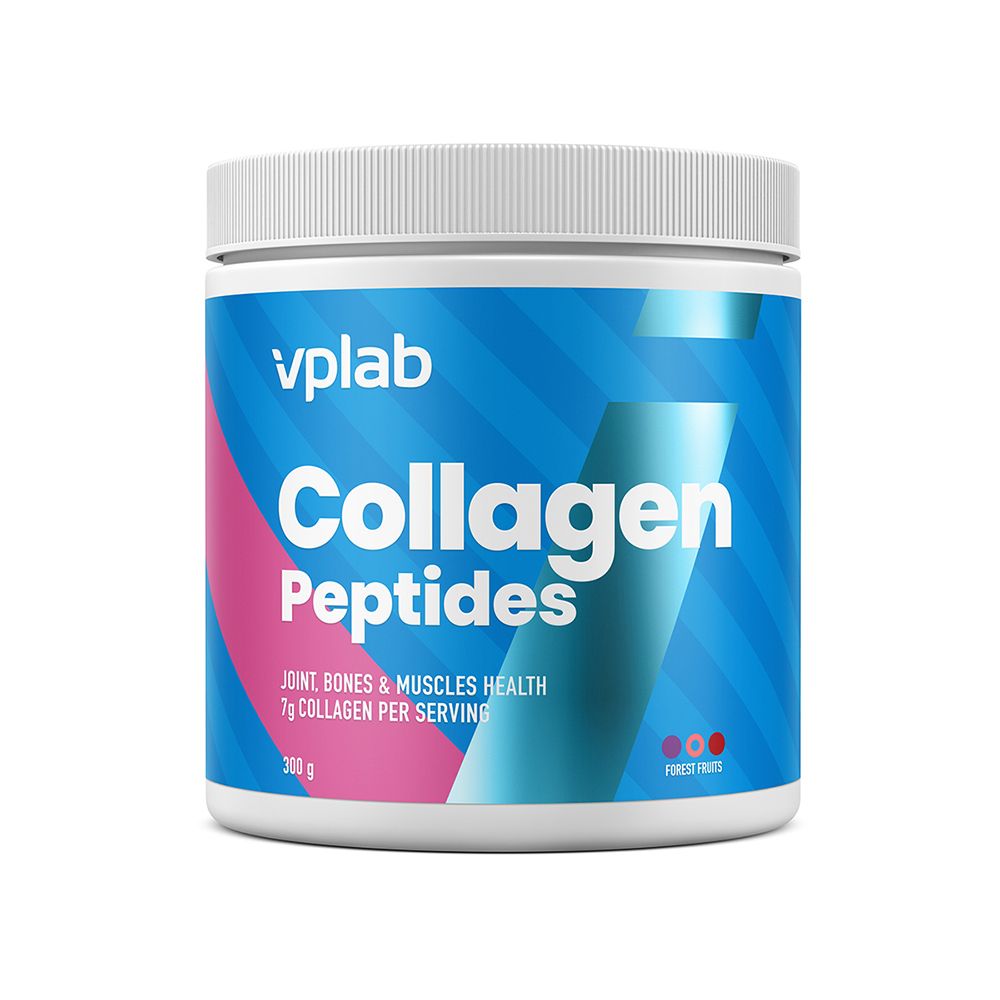 Weißes Dose mit blauem Etikett. Aufschrift: VPLAB Collagen Peptides. Enthält 7g Kollagen pro Portion. Geschmack: Waldfrüchte.