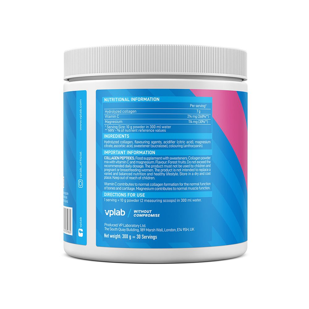 Rückseite der Dose. Enthält Nährwertangaben, Inhaltsstoffe und Anwendungshinweise. Marke: VPLAB. Nettogewicht: 300g.