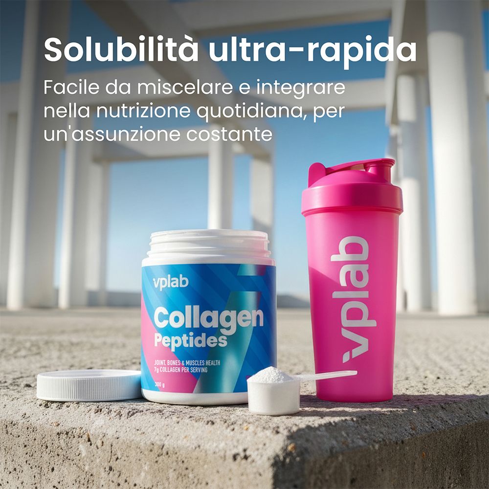 Vplab Collagen Peptides Dose mit Messlöffel und pinker Shaker-Flasche.