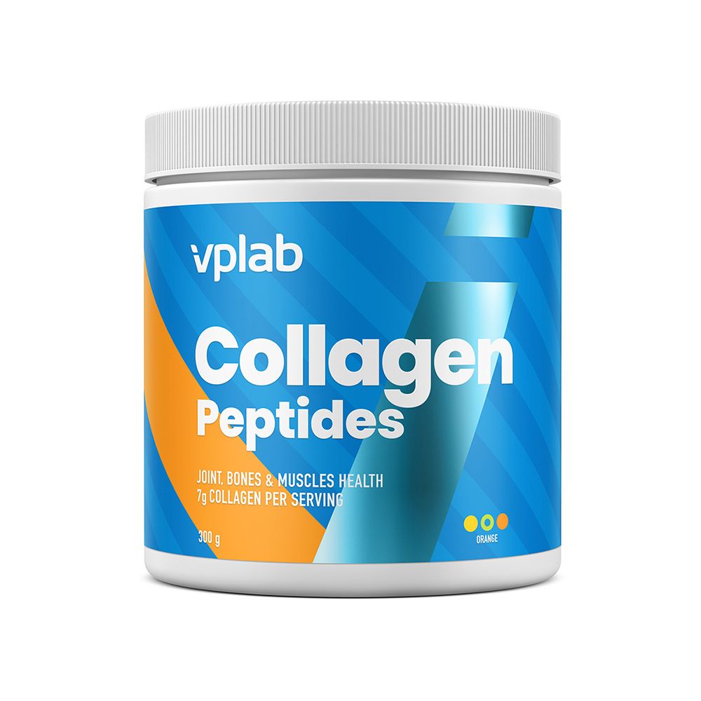 Weißes, zylindrisches Produktglas mit blau-gelber Etikettierung. Aufschrift: Collagen Peptides, 7g Collagen pro Portion, Orange.
