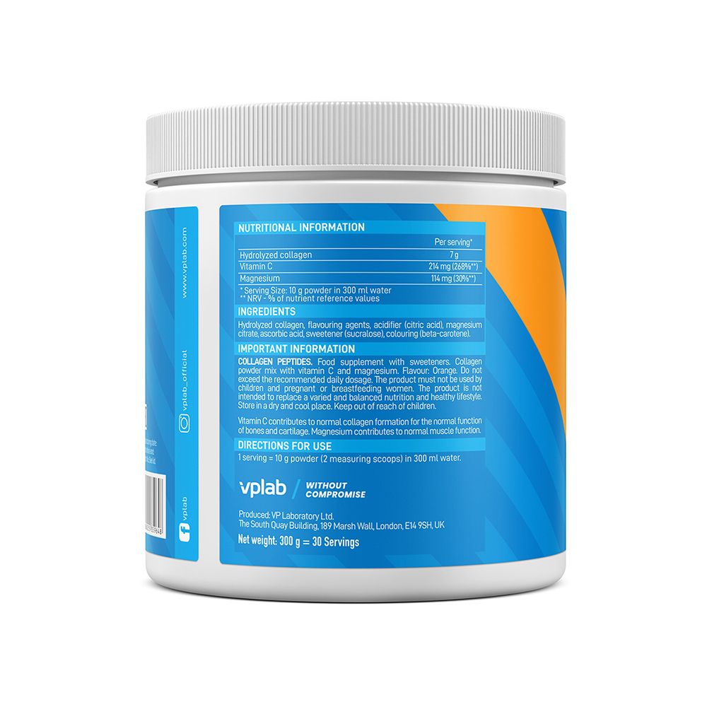 Rückseite des weißen, zylindrischen Produkts. Enthält Nährwertangaben, Inhaltsstoffe und Anwendungshinweise. Marke: VPLAB.