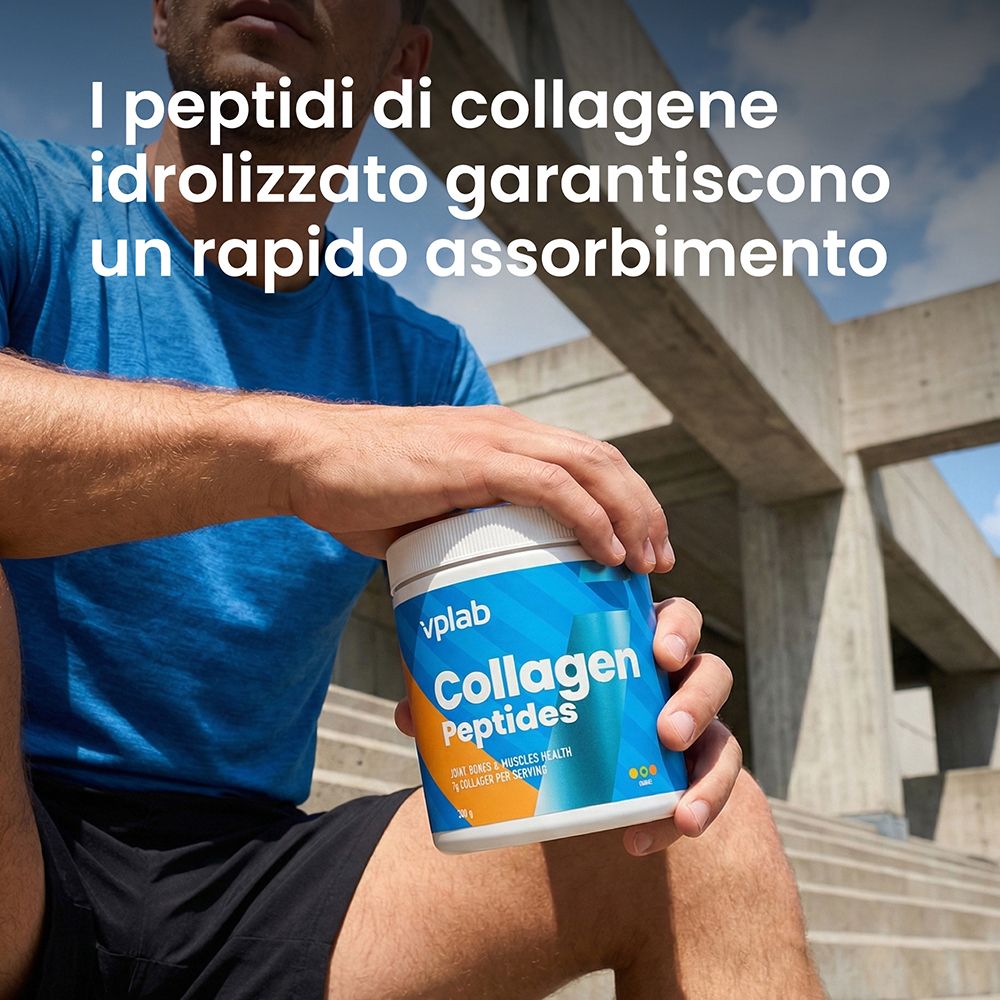 Vplab Collagen Peptides Behälter mit blauem und weißem Etikett, gehalten von einer Person.