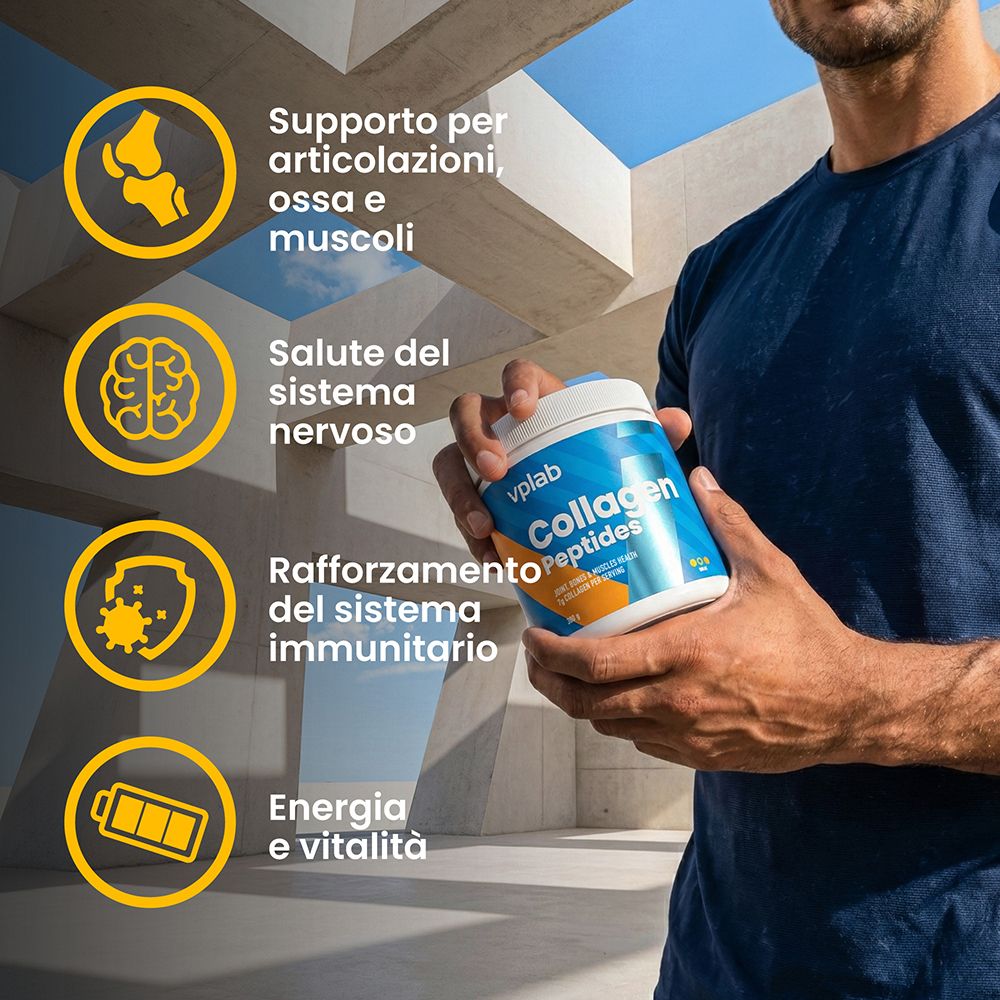 Mann hält eine Dose Vplab Collagen Peptides mit Icons für Gelenke, Gehirn, Immunsystem und Energie.