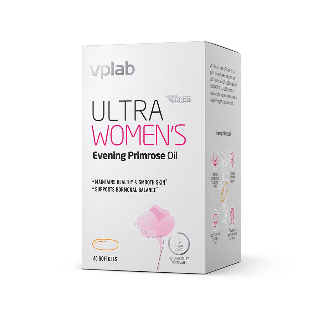 Weiße Schachtel mit Produktaufdruck. Aufschrift: ULTRA WOMEN'S Evening Primrose Oil. 60 Softgels. Vegan.