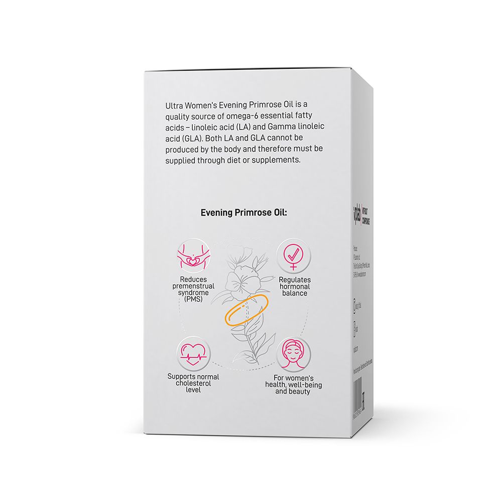 Rückseite der Schachtel mit Produktinformationen. Diagramme mit Gesundheitsvorteilen. Text: Evening Primrose Oil.