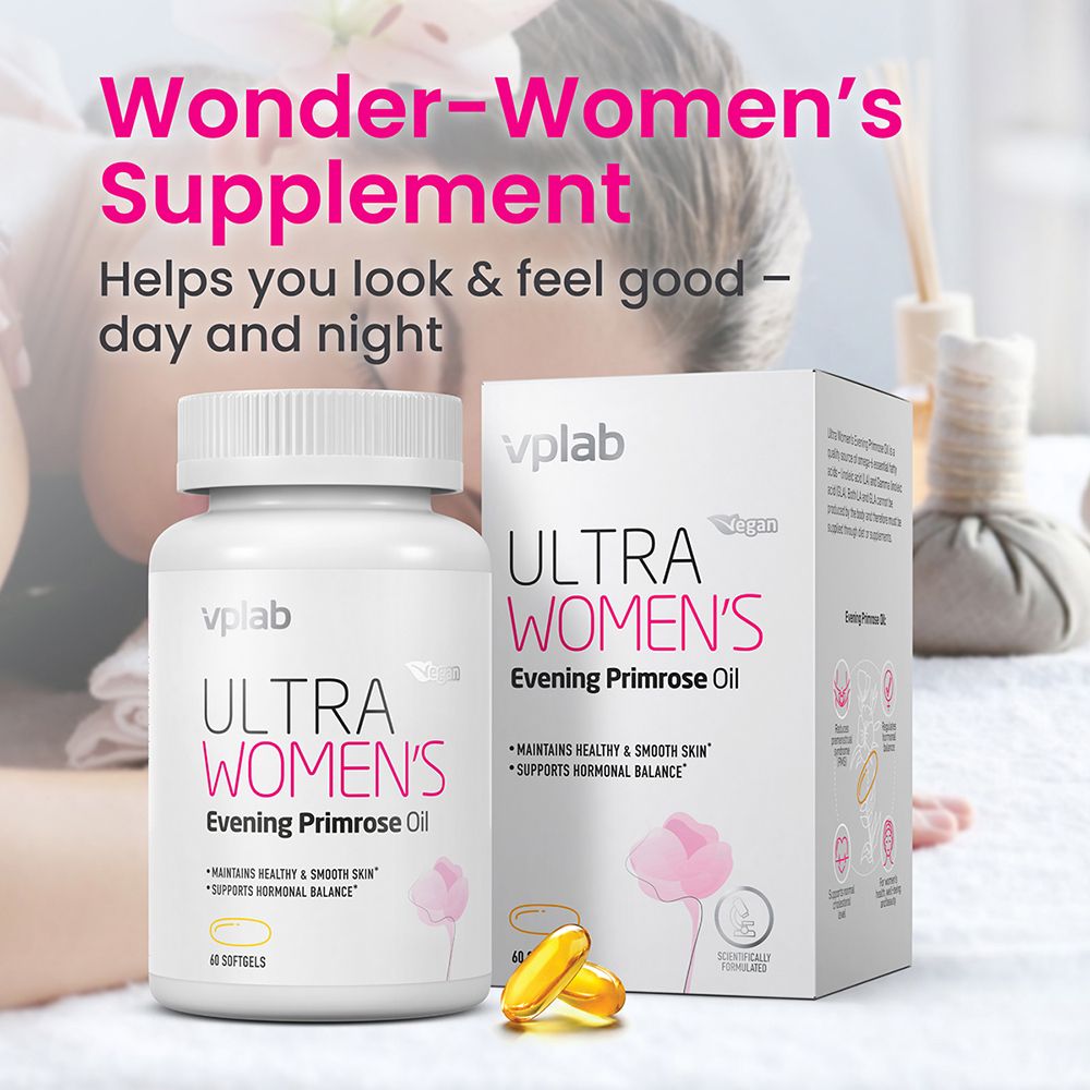 Produktverpackung und Kapseln. Aufschrift: ULTRA WOMEN'S Evening Primrose Oil. 60 Softgels. Vegan.