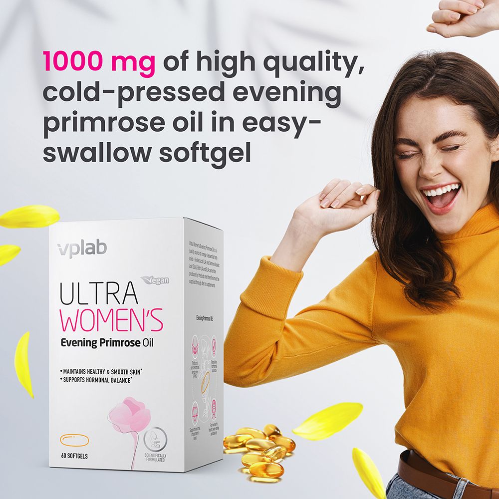 Produktverpackung und Kapseln. Aufschrift: ULTRA WOMEN'S Evening Primrose Oil. 60 Softgels. Vegan.