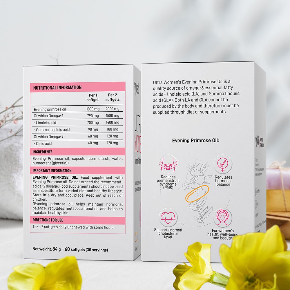 Zwei Schachteln mit Produktinformationen. Aufschrift: ULTRA WOMEN'S Evening Primrose Oil. 60 Softgels. Vegan.