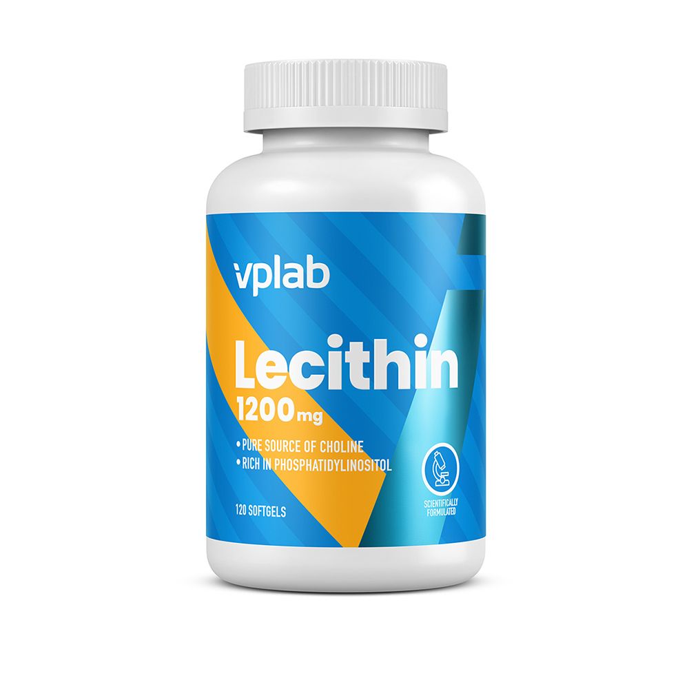 Weiße Flasche mit VPLAB Lecithin 1200mg. Blaue und gelbe Etiketten. 120 Softgels. Enthält Cholin und Phosphatidylinosit.