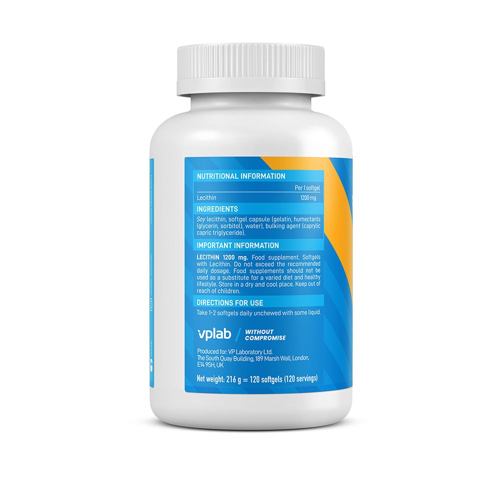 Rückseite der weißen Flasche VPLAB Lecithin 1200mg. Enthält Nährwertangaben und Inhaltsstoffe. 120 Softgels.