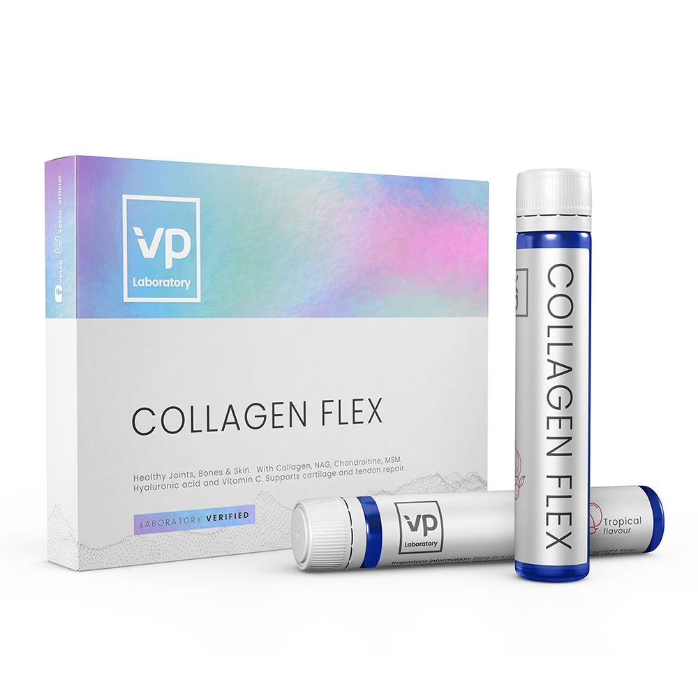 Schachtel und Trinkampullen von VP laboratory Collagen Flex. Text: Collagen Flex, Laboratory Verified. Tropische Geschmacksrichtung.