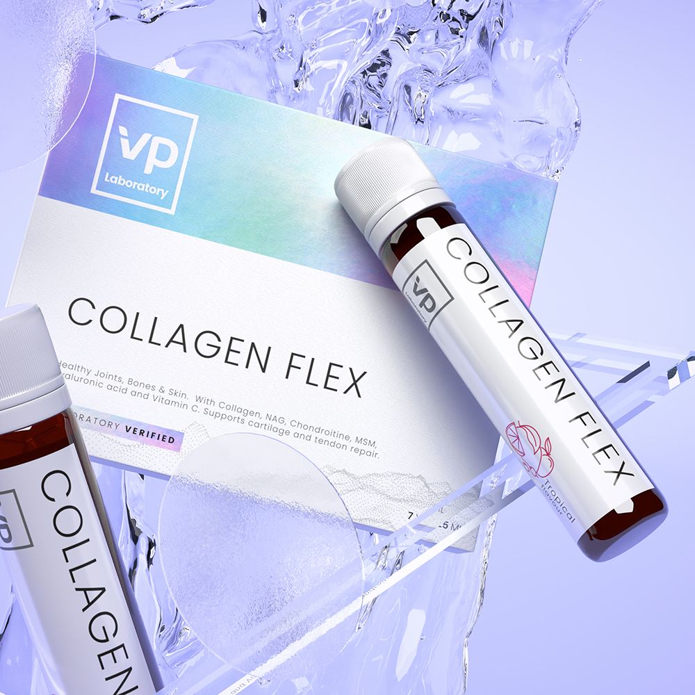 VP laboratory Collagen Flex in Eiswasser. Text: Collagen Flex, Laboratory Verified. Tropische Geschmacksrichtung.