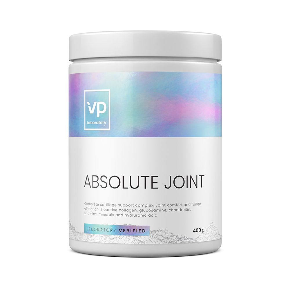 Weißes Produktglas mit Deckel. Aufschrift: VP Laboratory, ABSOLUTE JOINT. Laborgeprüft. 400g.