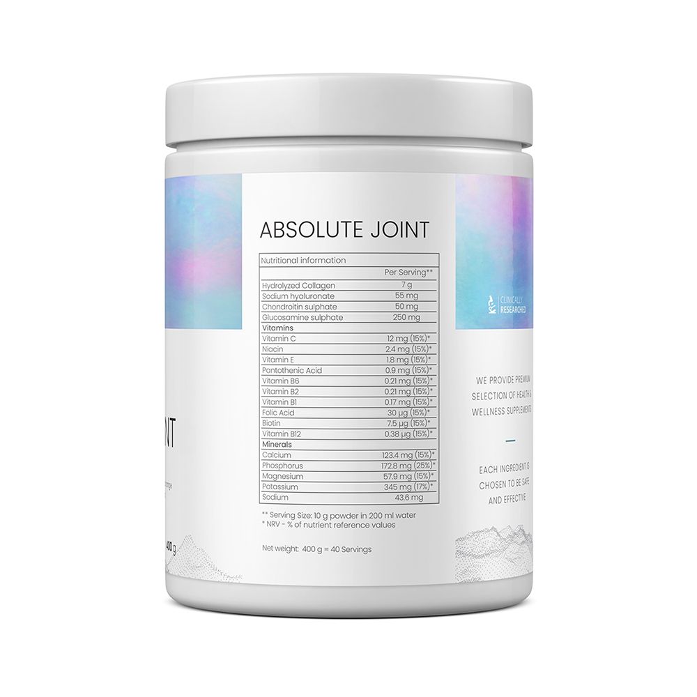 Rückseite des weißen Produkttiegels. Enthält Nährwertangaben. Aufschrift: ABSOLUTE JOINT. 400g.
