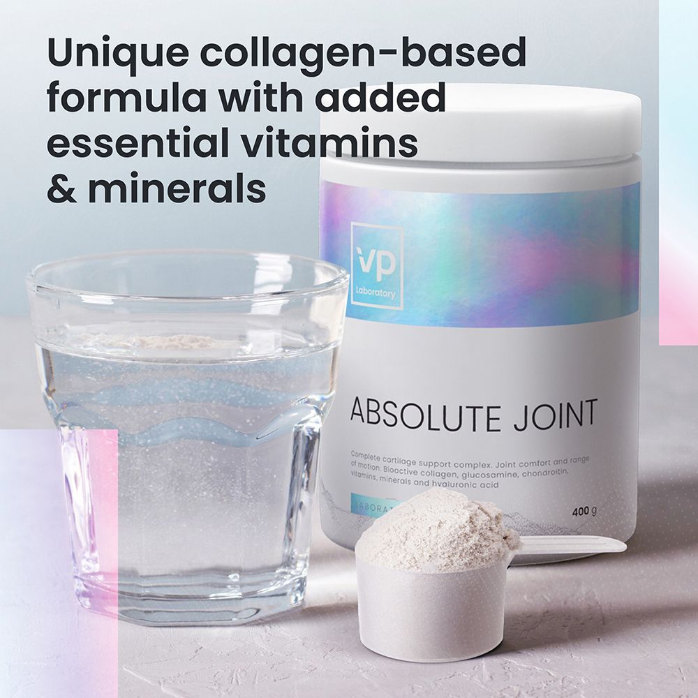 Produktglas, Glas Wasser, Messlöffel mit Pulver. Aufschrift: ABSOLUTE JOINT. Text: Unique collagen-based formula.