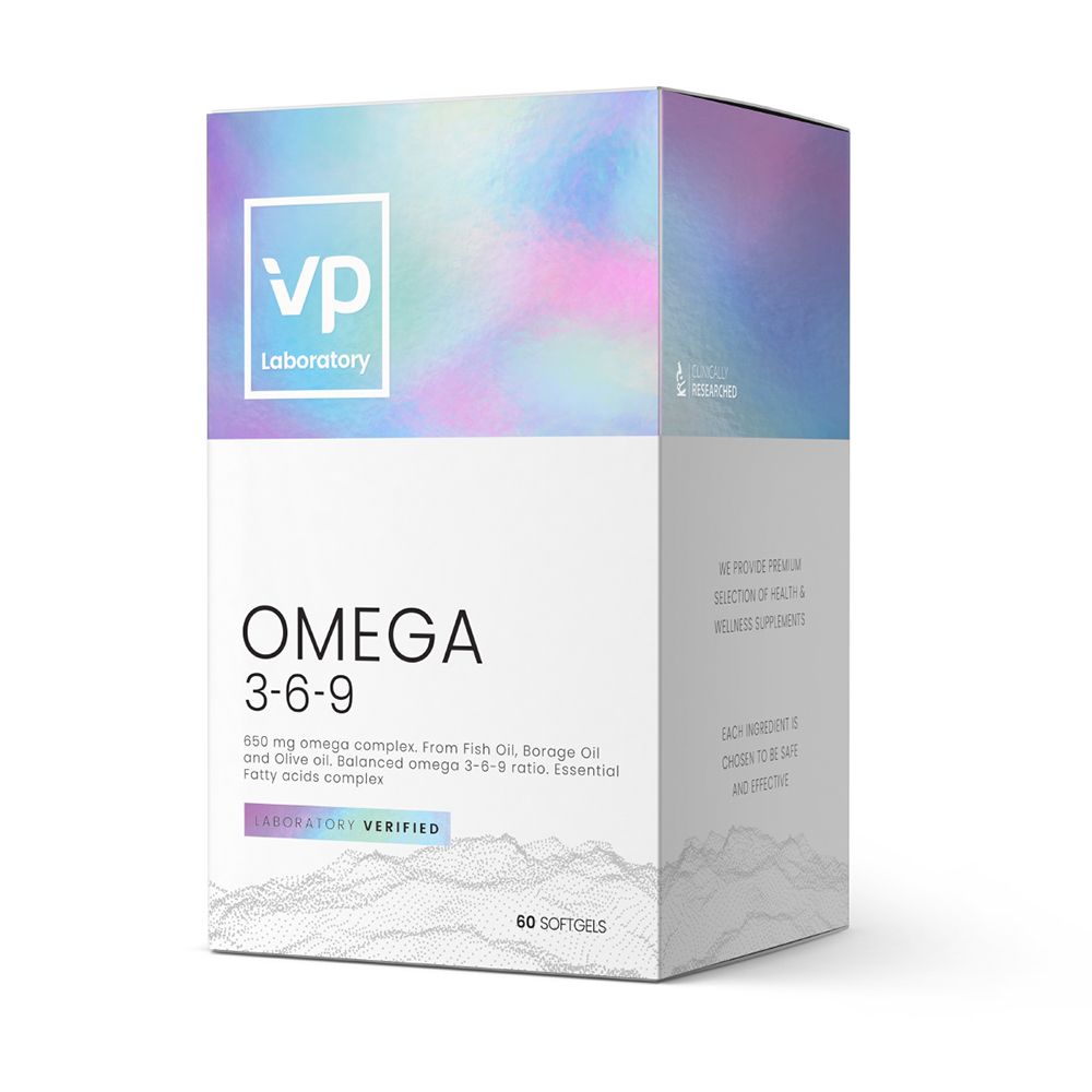 VP Laboratory Omega 3-6-9-Verpackung. Weiß mit blau-violettem Farbverlauf. Text: Omega 3-6-9, 60 Softgels.