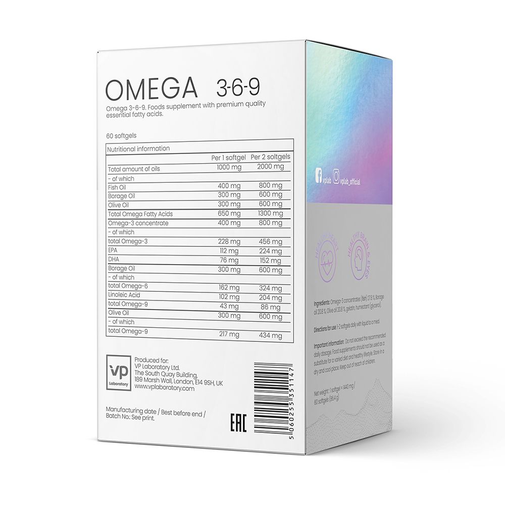 Rückseite der VP Laboratory Omega 3-6-9-Verpackung. Enthält Nährwertangaben und Herstellerinformationen.