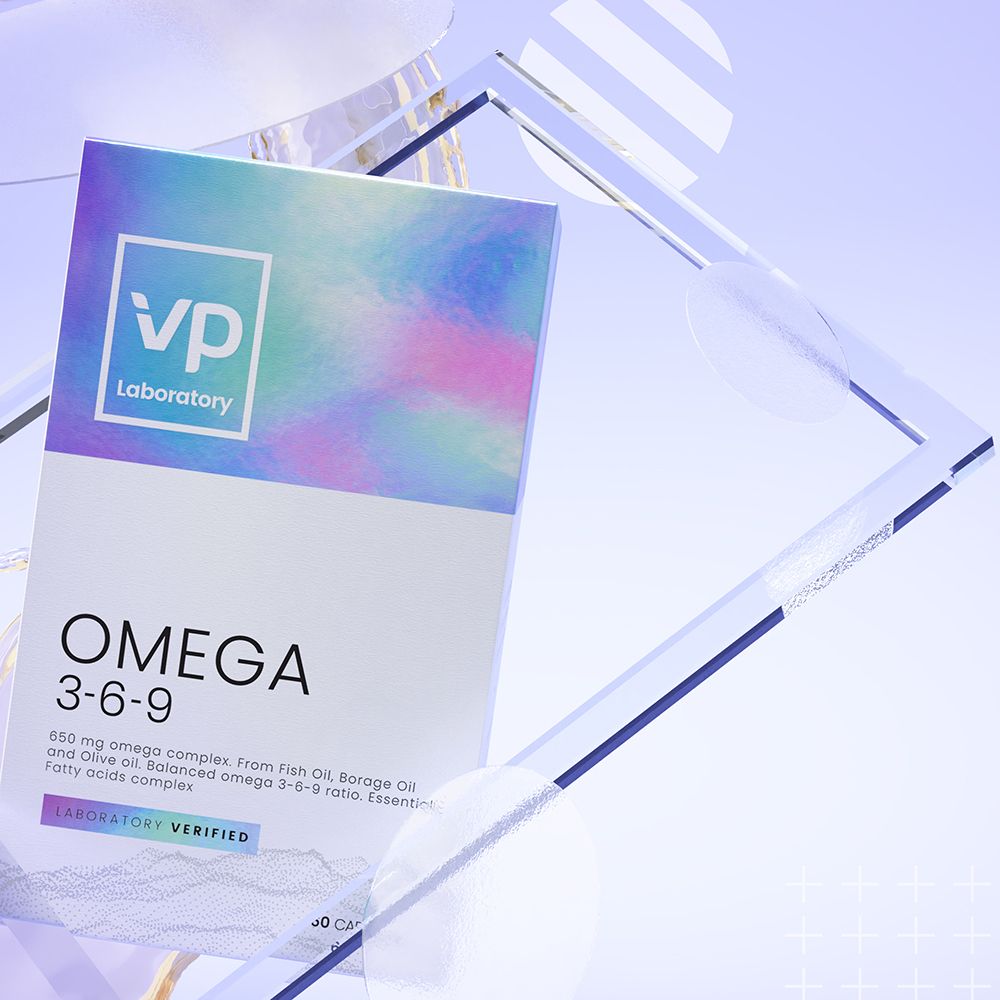 VP Laboratory Omega 3-6-9-Verpackung auf einer Glasplatte. Hintergrund mit geometrischen Formen.
