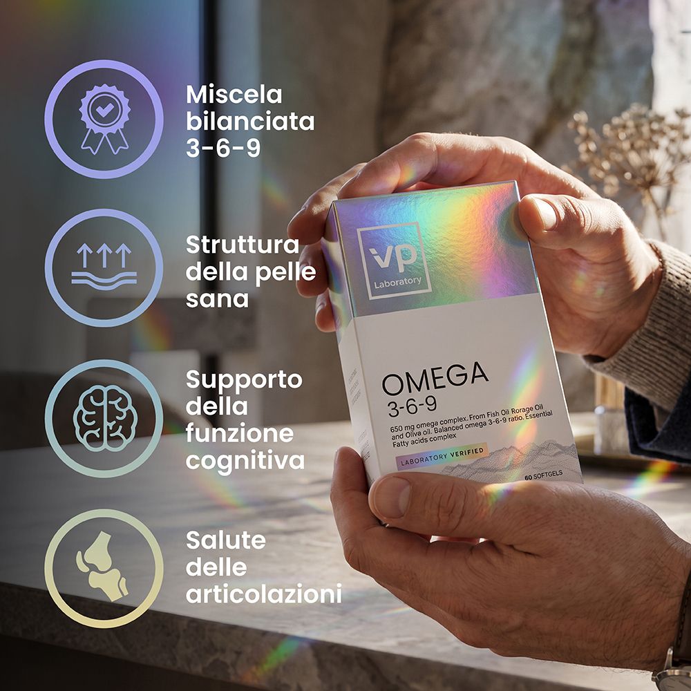Verpackung mit Omega 3-6-9 Kapseln. Zeigt Icons für Hautstruktur, Gehirnfunktion und Gelenkgesundheit.