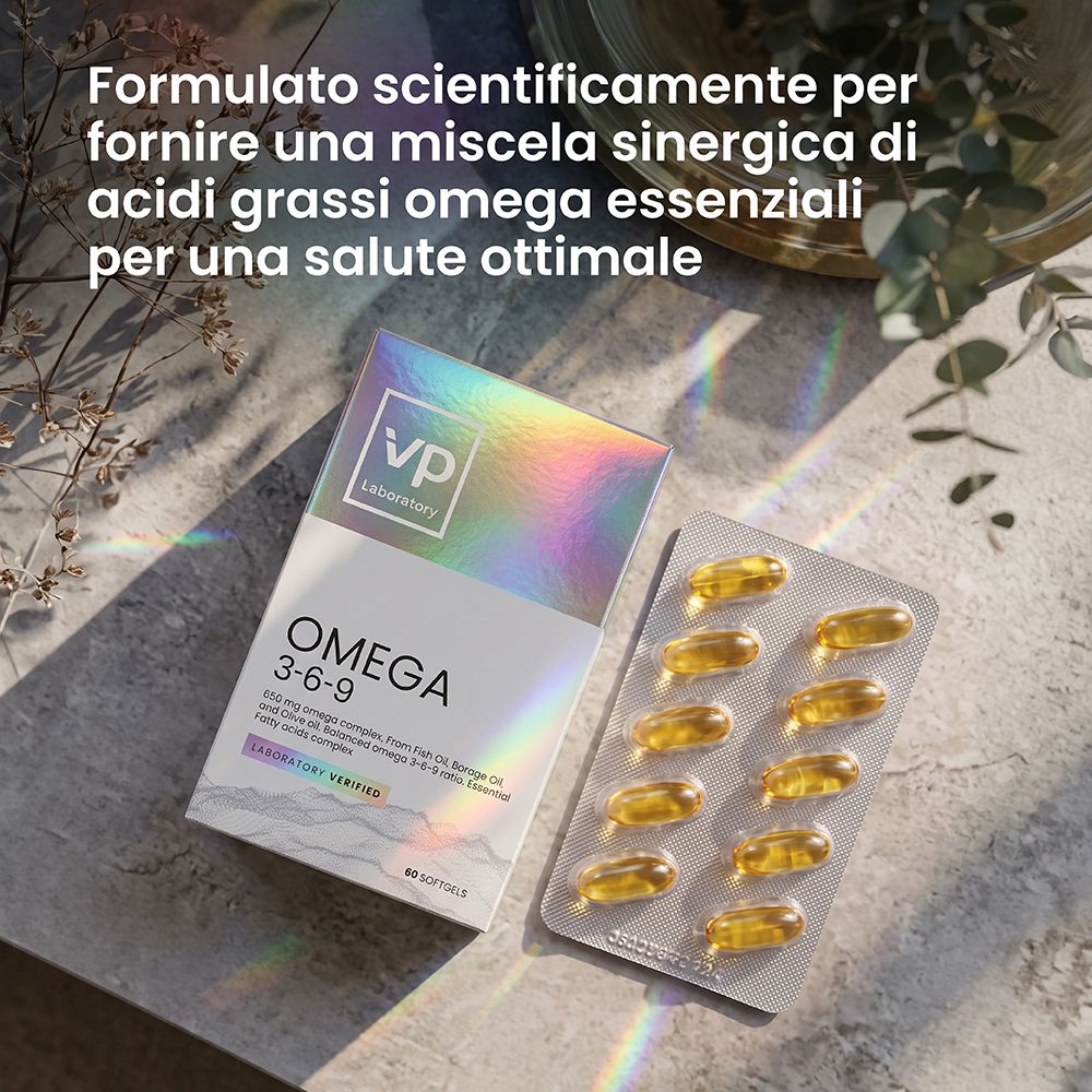 VP Laboratory Omega 3-6-9 Kapseln in Blisterpackung und Kartonverpackung.