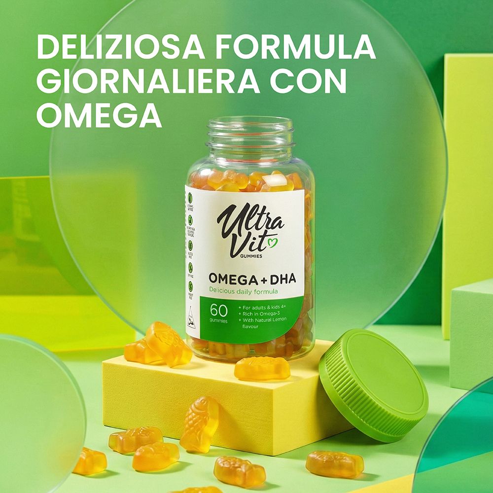 Flasche mit Omega+DHA Gummibärchen, 60 Stück. Gelbe Gummibärchen in Fischform.