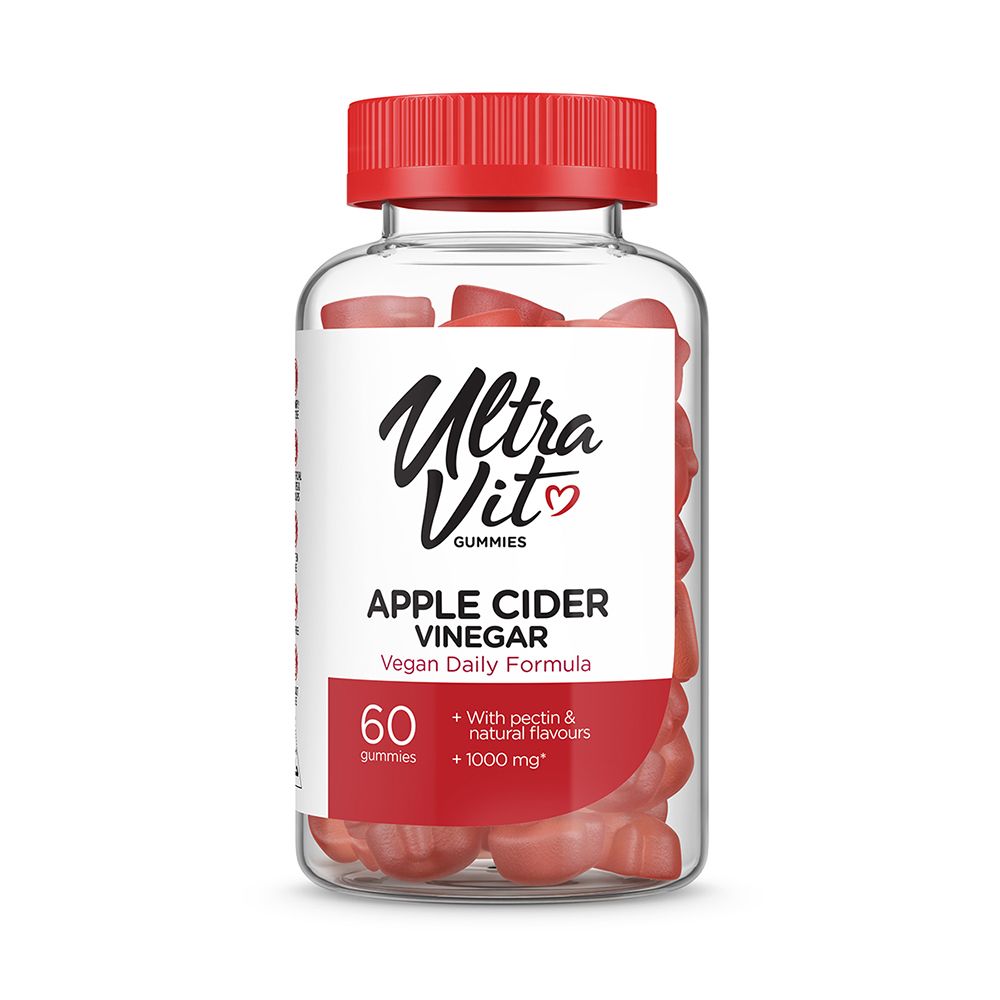 Klare Flasche mit roten Gummies. Etikett mit "Ultra Vit Gummies Apple Cider Vinegar". 60 Gummies.