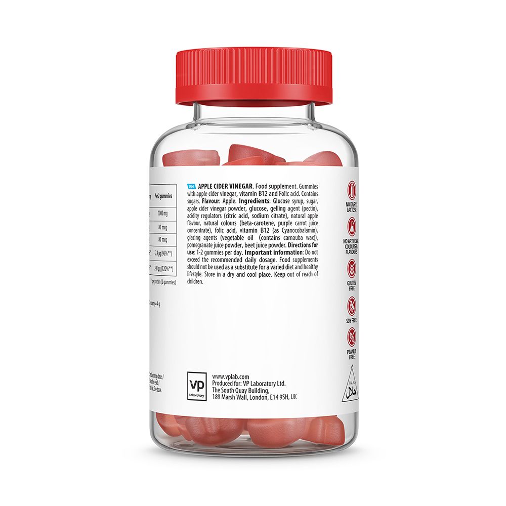 Rückseite der Flasche. Enthält Informationen zu Inhaltsstoffen, Nährwerten und Warnhinweisen. VP Laboratory.