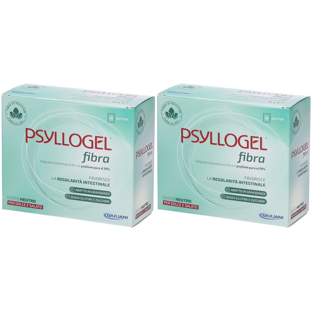 Deux boîtes de Psyllogel Fibra. Inscription: Psyllogel Fibra, favorise la régularité intestinale. Marque Giuliani.