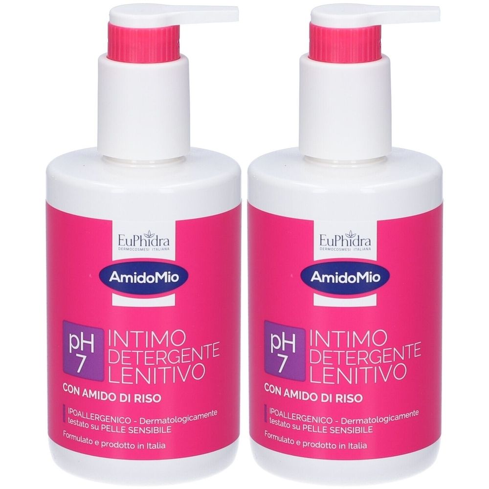 Deux flacons de nettoyant intime. Étiquette rose avec texte blanc. Marque EuPhidra, nom du produit Amido Mio, pH 7.