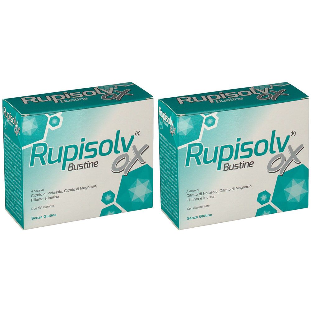 Deux boîtes Rupisolv OX Bustine. Emballage turquoise et blanc avec nom du produit et informations sur le contenu.