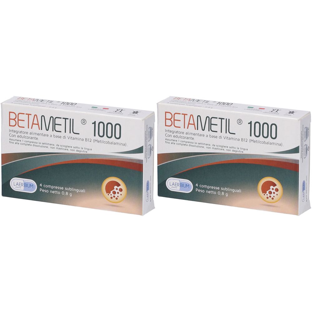 Deux boîtes de Betametil 1000. Emballage blanc avec graphiques bleus et gris. Texte: 4 comprimés sublinguaux.