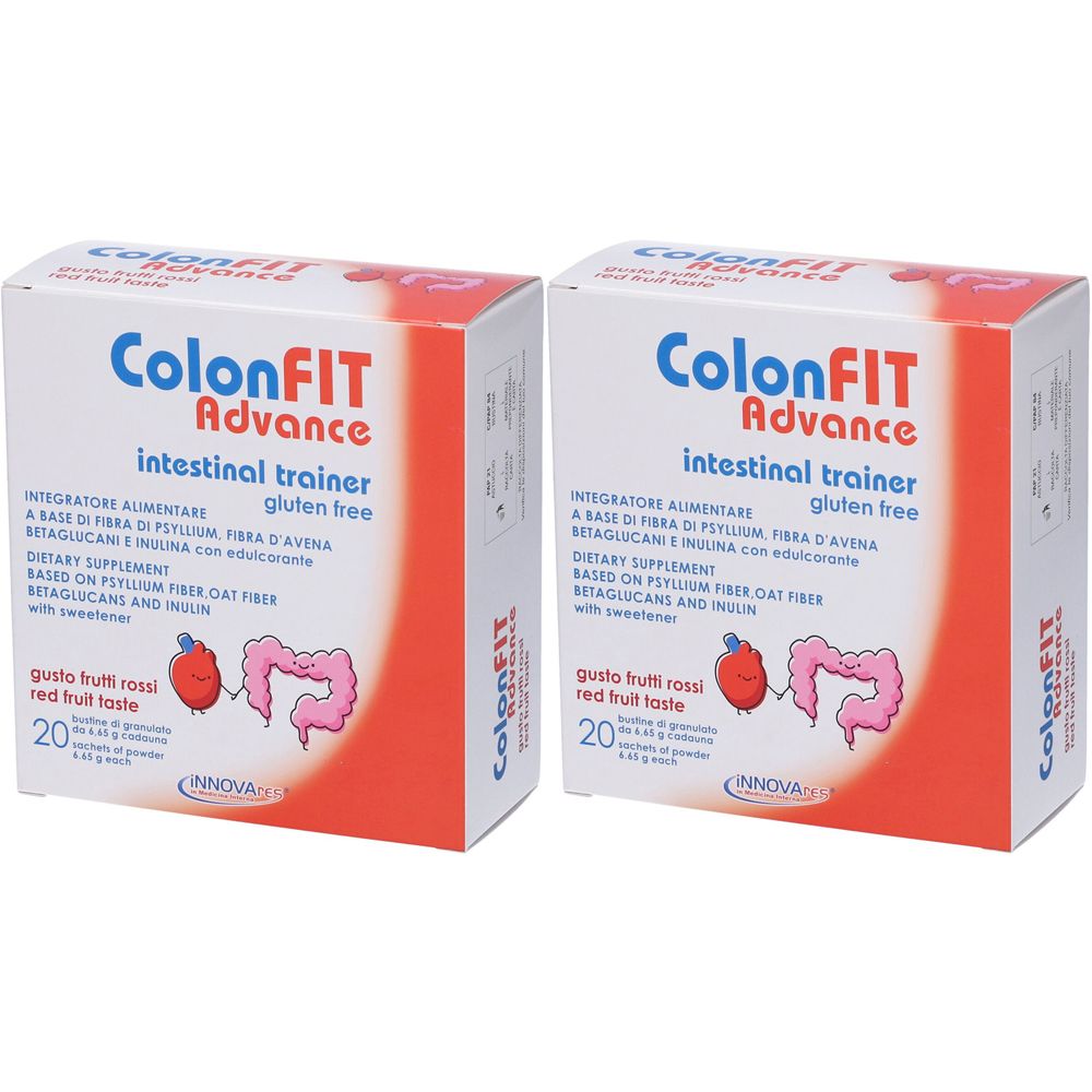 Deux boîtes ColonFIT Advance. Inscription: intestinal trainer, sans gluten. Goût: fruits rouges. 20 sachets. Marque: INNOVAres.