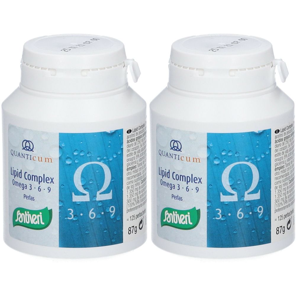 Deux flacons blancs avec étiquettes. Les étiquettes indiquent "Lipid Complex Omega 3-6-9" et le nom de la marque "Santiveri".