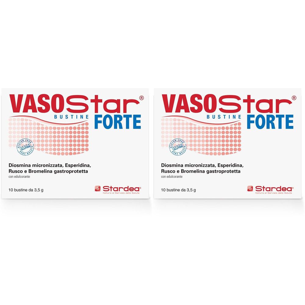 Zwei Packungen Vasostar Forte. Aufschrift: Diosmina micronizzata, Esperidina, Rusco e Bromelina gastroprotetta. Marke: Stardea. Jede Packung enthält 10 Beutel.