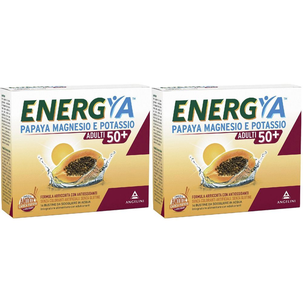 Deux boîtes ENERGYA, Papaya Magnesio e Potassio Adulti 50+. Image d'une papaye. Logo ANGELINI.