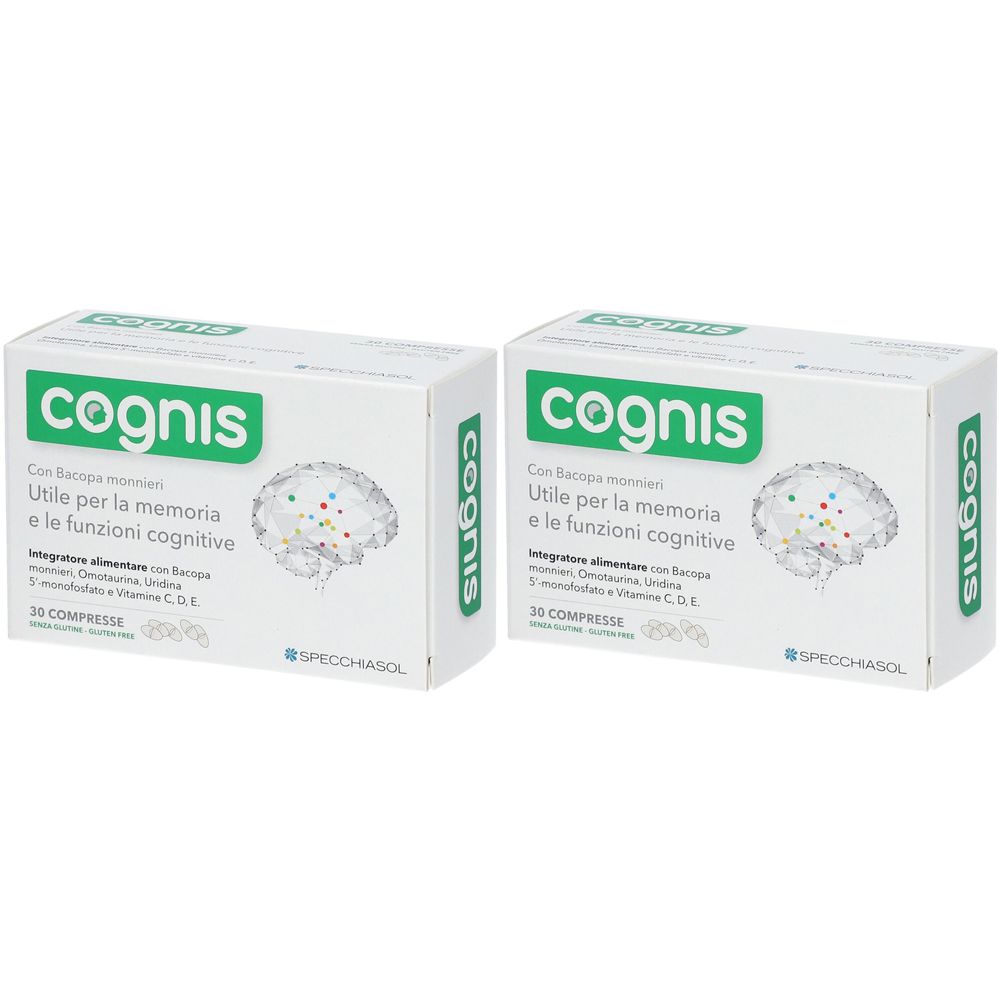 Zwei weiße Kartons mit grünem "cognis"-Logo und Text. Aufschrift: "Utile per la memoria e le funzioni cognitive".